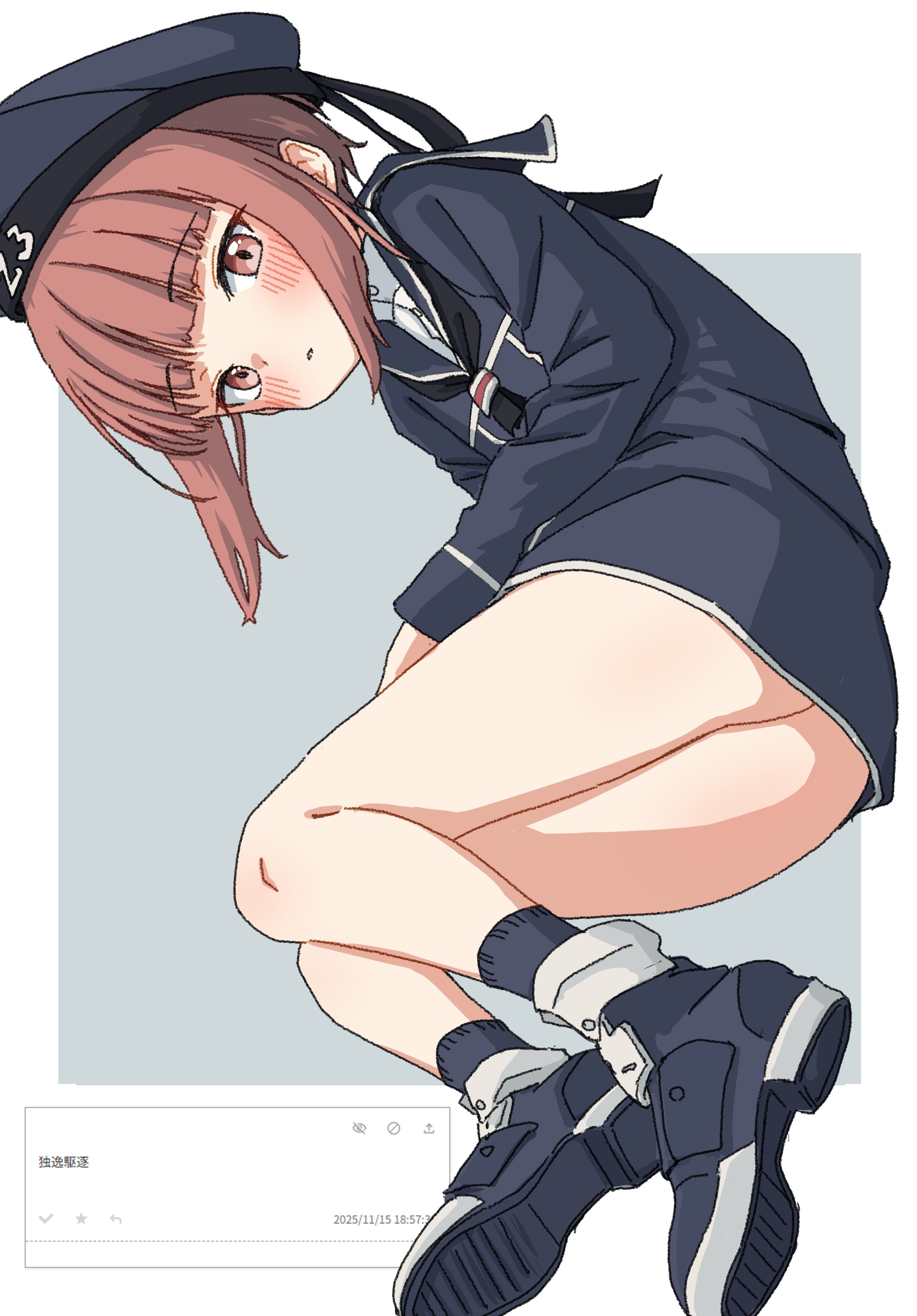 pok (pok 0002), z3 max schultz (kancolle), kantai collection, absurdres, commentary, highres, translation request, 1girl, ass, black neckerchief, blue dress, blue hat, blue sailor collar, blue shoes, blue socks, blunt bangs, blush, brown eyes, brown hair, clothes writing, dress, hat, long sleeves, looking at viewer, neckerchief, sailor collar, sailor dress, sailor hat, shoes, short dress, short hair, simple background, socks, solo, two-tone background