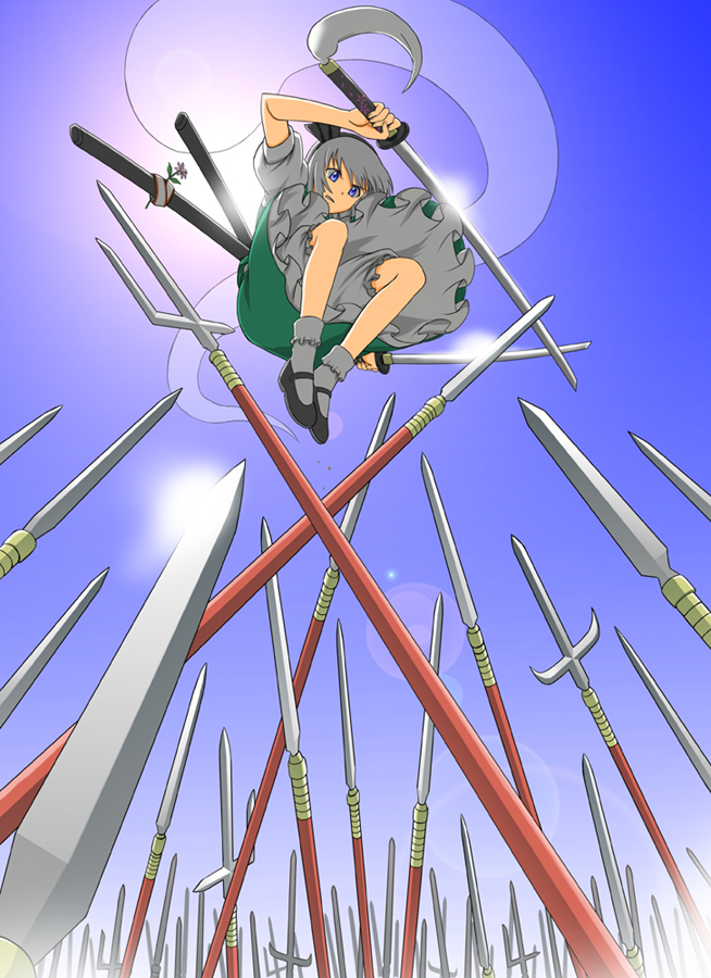 satsuki hare shin, satsuki harunobu, konpaku youmu, konpaku youmu (ghost), sengoku musou, touhou, silver hair, 1girl, blue eyes, dual wielding, female focus, ghost, hairband, hitodama, holding, juumonji yari, katana, mary janes, parody, polearm, shoes, short hair, solo, spear, sword, weapon, yari