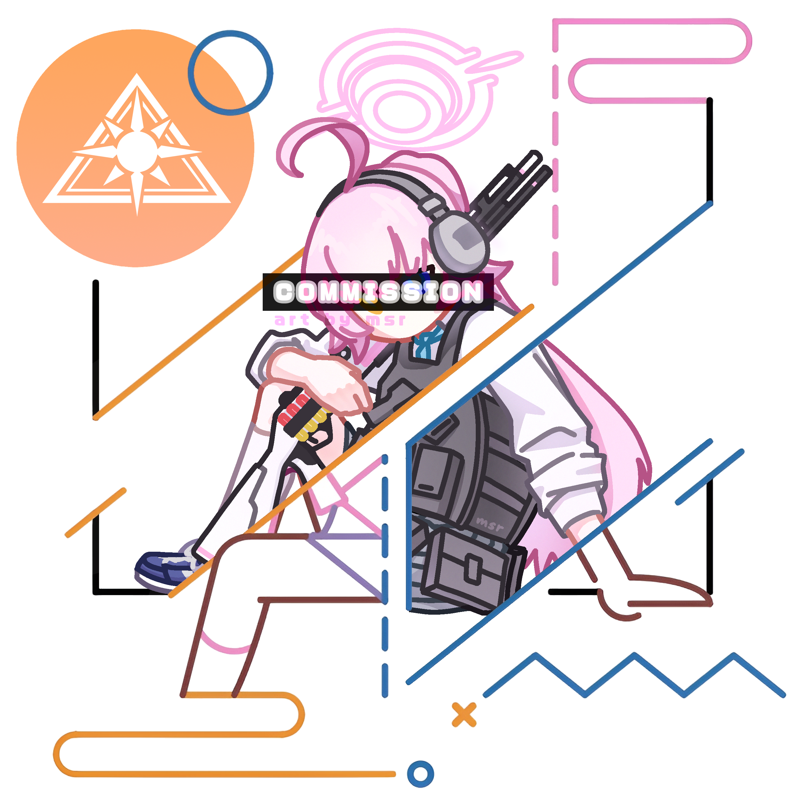 msr 0410, hoshino (armed) (blue archive), hoshino (blue archive), blue archive, absurdres, commentary, commission, english commentary, highres, ibispaint (medium), unconventional media, 1girl, abydos high school logo, ahoge, ammunition, arm support, artist name, beretta 1301, black vest, blue eyes, blue necktie, blue shoes, bulletproof vest, collared shirt, desmos (medium), foot out of frame, grey skirt, gun, hair between eyes, hair flaps, halo, heterochromia, holding, holding gun, holding weapon, huge ahoge, kneehighs, long sleeves, looking at viewer, necktie, orange eyes, pink hair, pink halo, ponytail, shirt, shoes, shotgun shell, sidelocks, signature, sitting, skirt, sneakers, socks, solo, vest, watermark, weapon, white shirt, white socks