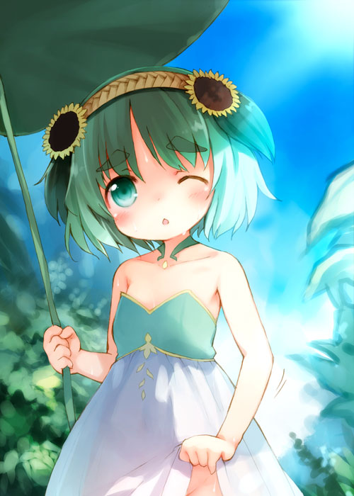 kito (sorahate), kinoko-san, original, 1girl, bare shoulders, clothes lift, dress, dress lift, female focus, flat chest, green eyes, green hair, leaf umbrella, loli, matching hair/eyes, no panties, one eye closed, short hair, short twintails, solo, twintails, wink