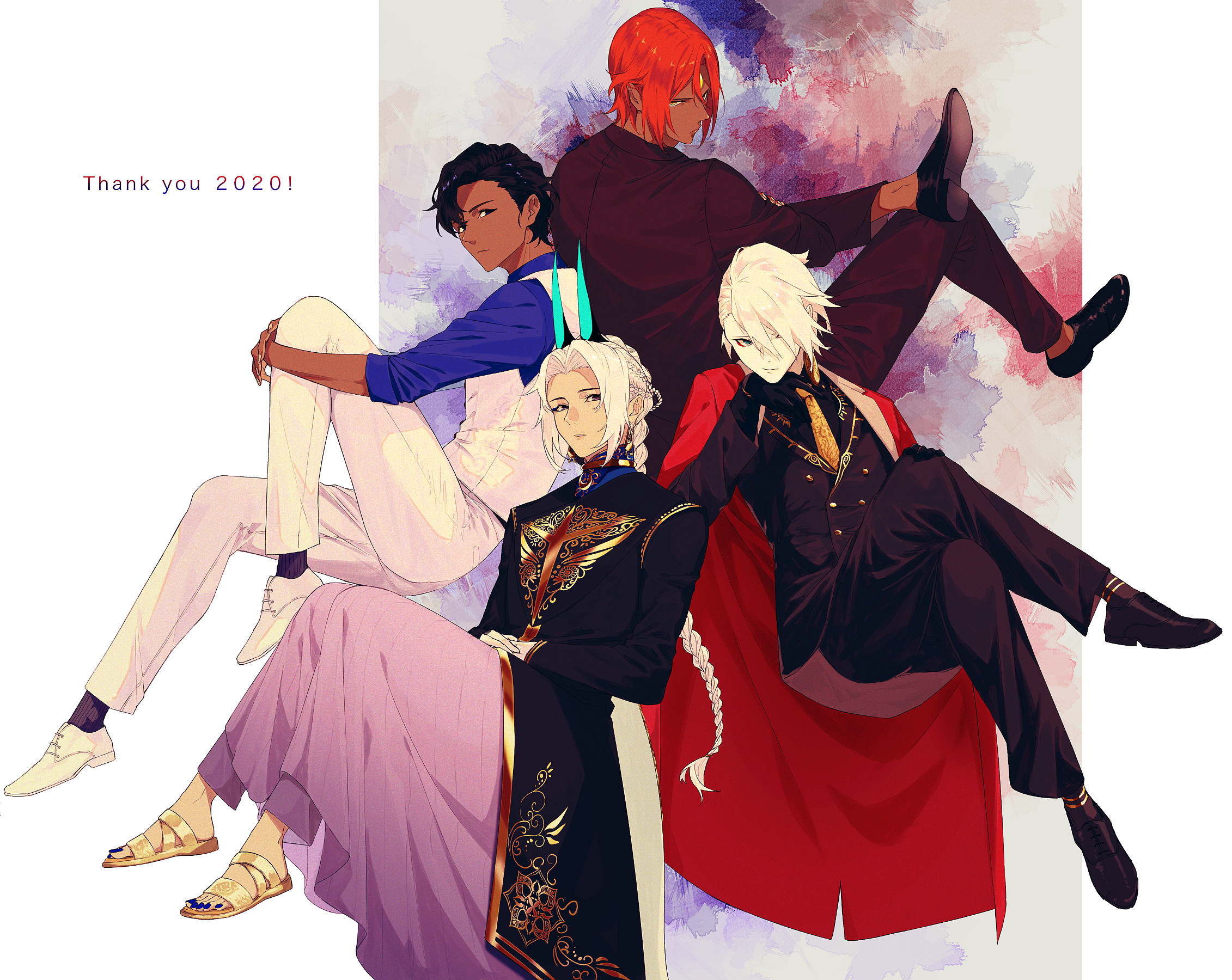 fuka (hk nemo), arjuna (fate), arjuna alter (fate), ashwatthama (fate), karna (fate), fate/grand order, fate (series), commentary request, highres, 4boys, black gloves, black pants, black shoes, black socks, blue nails, blue shirt, braid, closed mouth, crossed legs, dark-skinned male, dark skin, gloves, hair over one eye, knee up, looking at viewer, male focus, multiple boys, nail polish, necktie, pants, red hair, sandals, shirt, shoes, socks, toenail polish, toenails, vest, white vest, yellow necktie