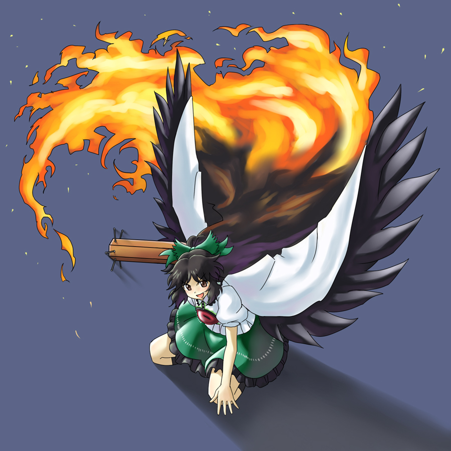 satsuki hare shin, satsuki harunobu, reiuji utsuho, touhou, 1girl, arm cannon, brown hair, female focus, fire, pyrokinesis, simple background, solo, weapon, wings