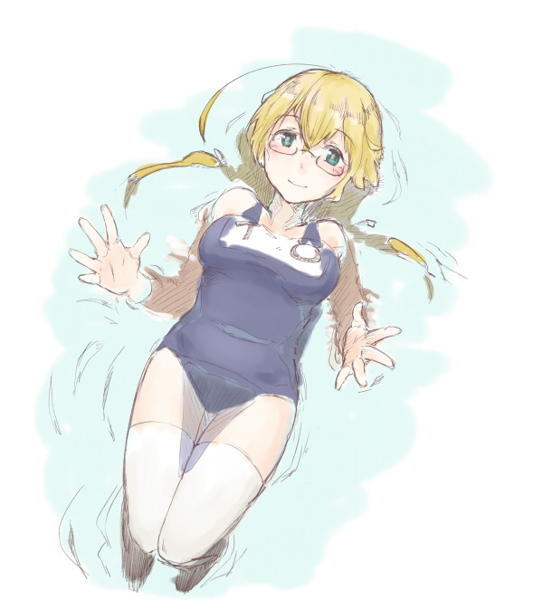 nemubusoku, i-8 (kancolle), kantai collection, bad id, 1girl, ahoge, blonde hair, blue one-piece swimsuit, blush, breasts, closed mouth, glasses, green eyes, hair between eyes, large breasts, long hair, lying, name tag, on back, one-piece swimsuit, open hands, partially submerged, school swimsuit, solo, swimsuit, thighhighs, twintails, water, white thighhighs