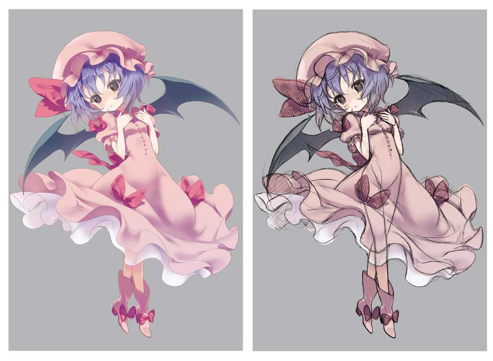 moriki takeshi, remilia scarlet, touhou, silver hair, 1girl, bat wings, comparison, dress, female focus, hat, looking at viewer, mob cap, pink dress, puffy short sleeves, puffy sleeves, red eyes, short sleeves, standing, vampire, wings