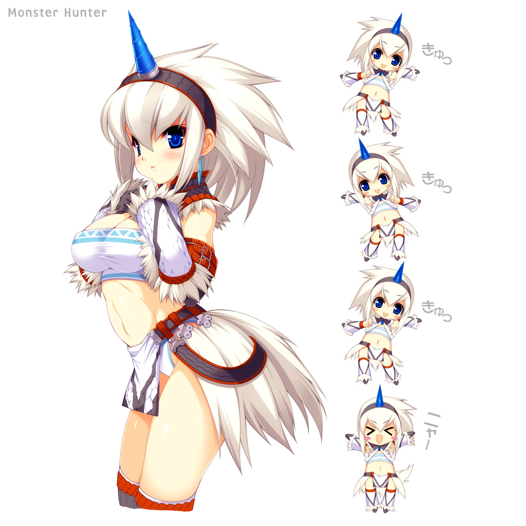 kinoshita ichi, capcom, monster hunter (series), > <, 1girl, :d, bandeau, blue eyes, blush, blush stickers, chibi, closed eyes, dancing, earrings, female focus, hairband, horns, jewelry, kirin (armor), kyu kyu kyu nyaa, midriff, open mouth, single horn, smile, solo, strapless, tube top, white hair