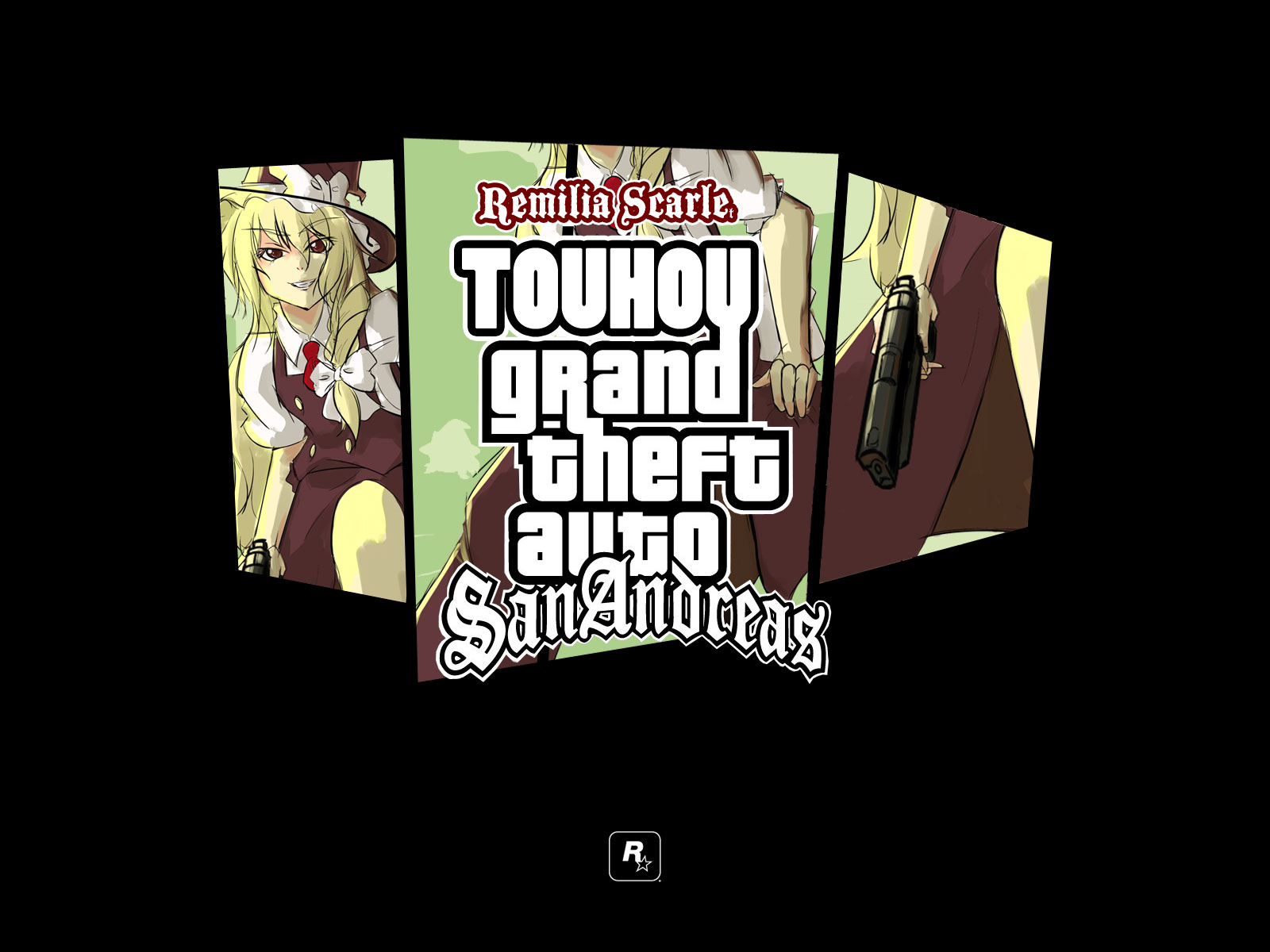 masayoshi toro, kirisame marisa, grand theft auto, grand theft auto: san andreas, rockstar, touhou, eyebrows, highres, 1girl, blonde hair, braid, character name, copyright name, female focus, gun, hair ribbon, handgun, hat, logo, long hair, multiple views, parody, pistol, ribbon, rockstar logo, star (symbol), weapon, witch, witch hat