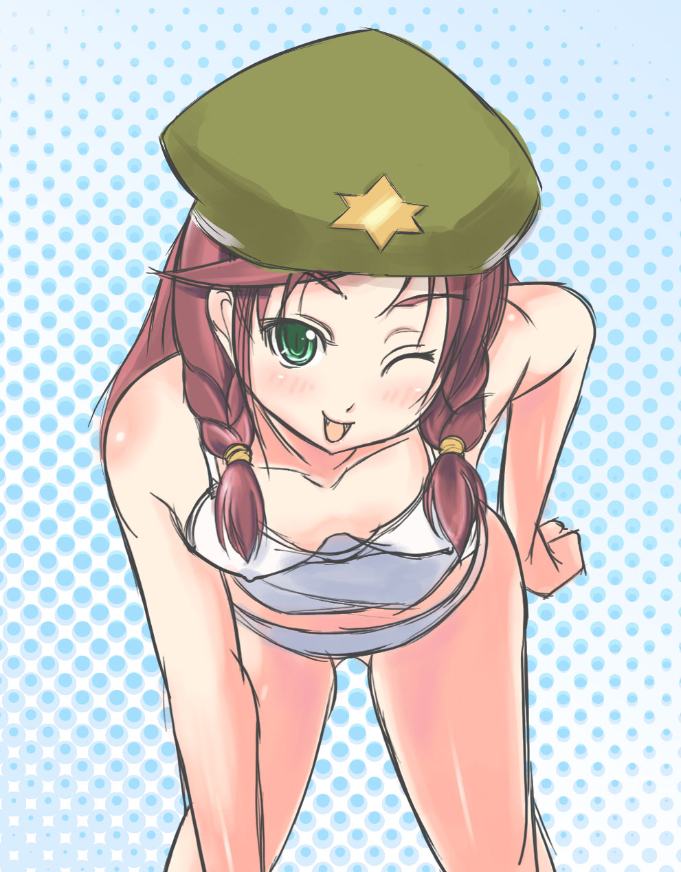 masayoshi toro, hong meiling, embodiment of scarlet devil, touhou, highres, 1girl, braid, breasts, female focus, gradient background, green eyes, halftone, halftone background, hat, one eye closed, panties, red hair, solo, twin braids, underwear, white background, wink