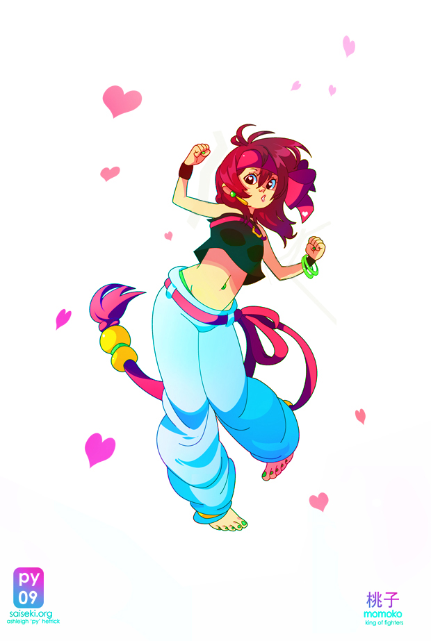 ashleigh hetrick, momoko, momoko (kof), the king of fighters, baggy pants, bandana, barefoot, belt, heart, jewelry, midriff, navel, red hair, tube top
