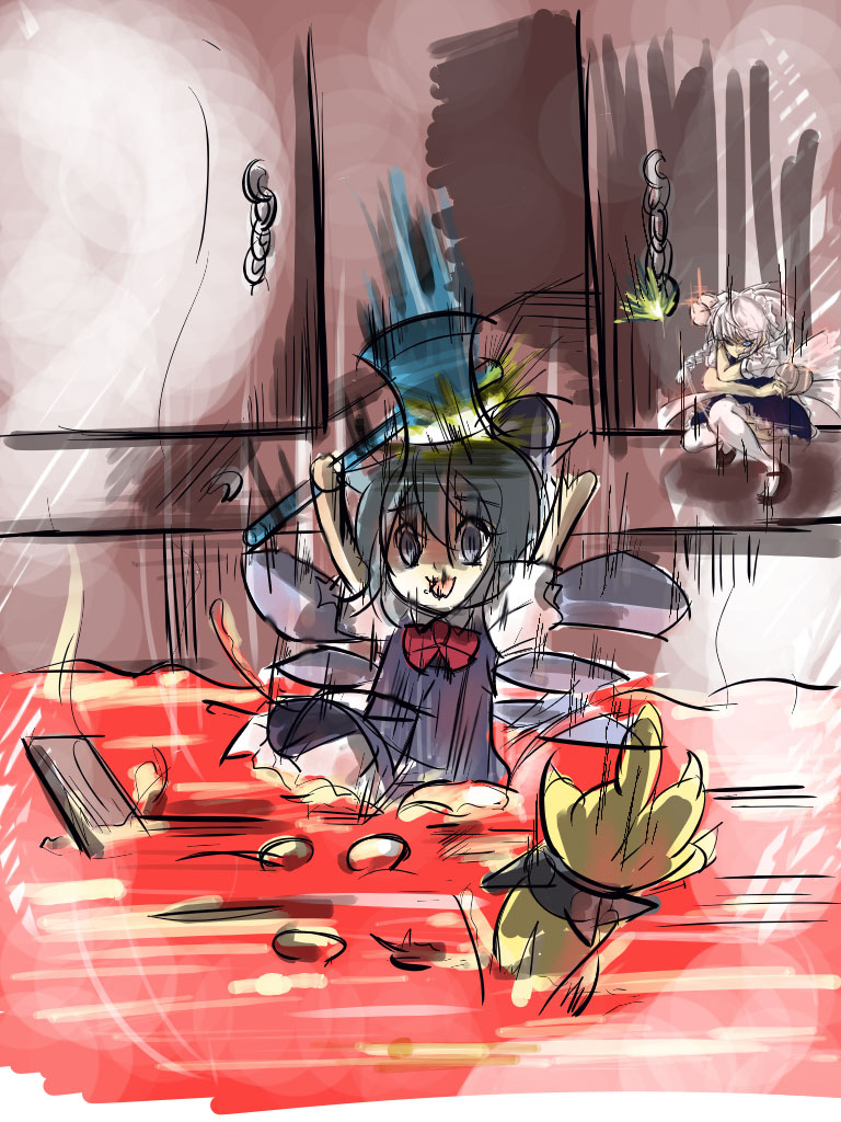 masayoshi toro, bowser, cirno, izayoi sakuya, mario (series), nintendo, super mario bros. 1, touhou, silver hair, 1boy, 2girls, axe, bad end, blue eyes, blue hair, braid, breast padding, crossover, gameplay mechanics, maid, multiple girls, parody, short hair, thighhighs, weapon, what, white thighhighs, wings