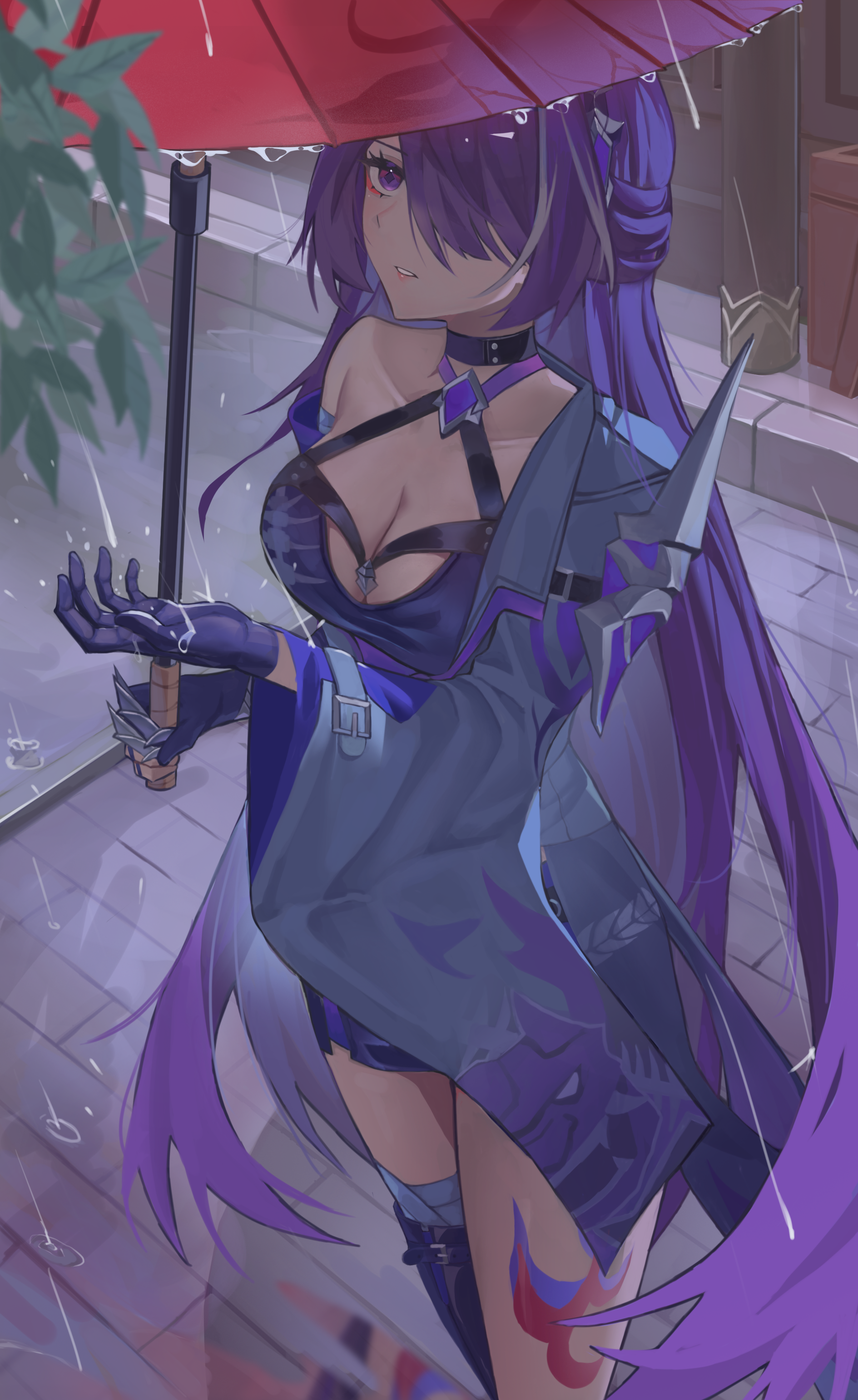 acheron (honkai: star rail), honkai: star rail, honkai (series), absurdres, commentary, highres, 1girl, ada53, asymmetrical legwear, bandages, breasts, choker, cleavage, crop top, gloves, hair over one eye, holding, holding umbrella, jacket, large breasts, leaf, leg tattoo, long hair, oil-paper umbrella, open clothes, open jacket, outdoors, parted lips, purple eyes, purple hair, single bare shoulder, strap, tattoo, umbrella, very long hair, water drop, white streaks