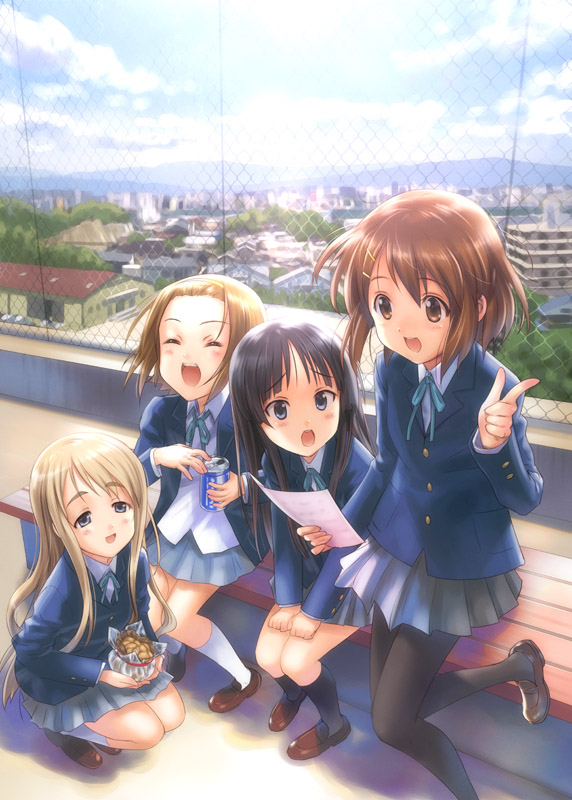goto p, akiyama mio, hirasawa yui, kotobuki tsumugi, tainaka ritsu, k-on!, 00s, 4girls, bench, black hair, blazer, blunt bangs, blush, brown hair, can, cookie, drink can, food, hime cut, ho-kago tea time, jacket, landscape, long hair, multiple girls, pantyhose, paper, school uniform, short hair, skirt, soda can