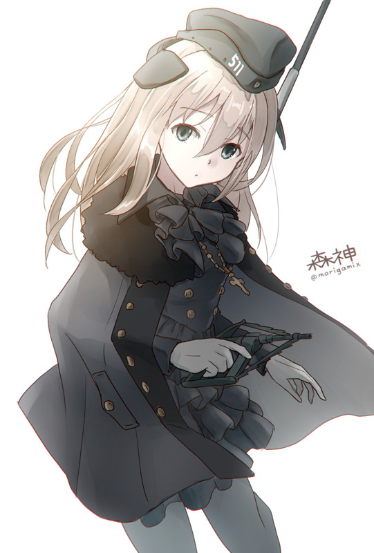 morigami (morigami no yashiro), u-511 (kancolle), kantai collection, commentary, 1girl, alternate costume, black cape, black dress, black pantyhose, blue eyes, cape, cross, cross necklace, dress, fur-trimmed cape, fur trim, garrison cap, gloves, grey hair, hat, headgear, jewelry, long hair, long sleeves, looking at viewer, necklace, pale skin, pantyhose, simple background, solo, twitter username, white background, white gloves