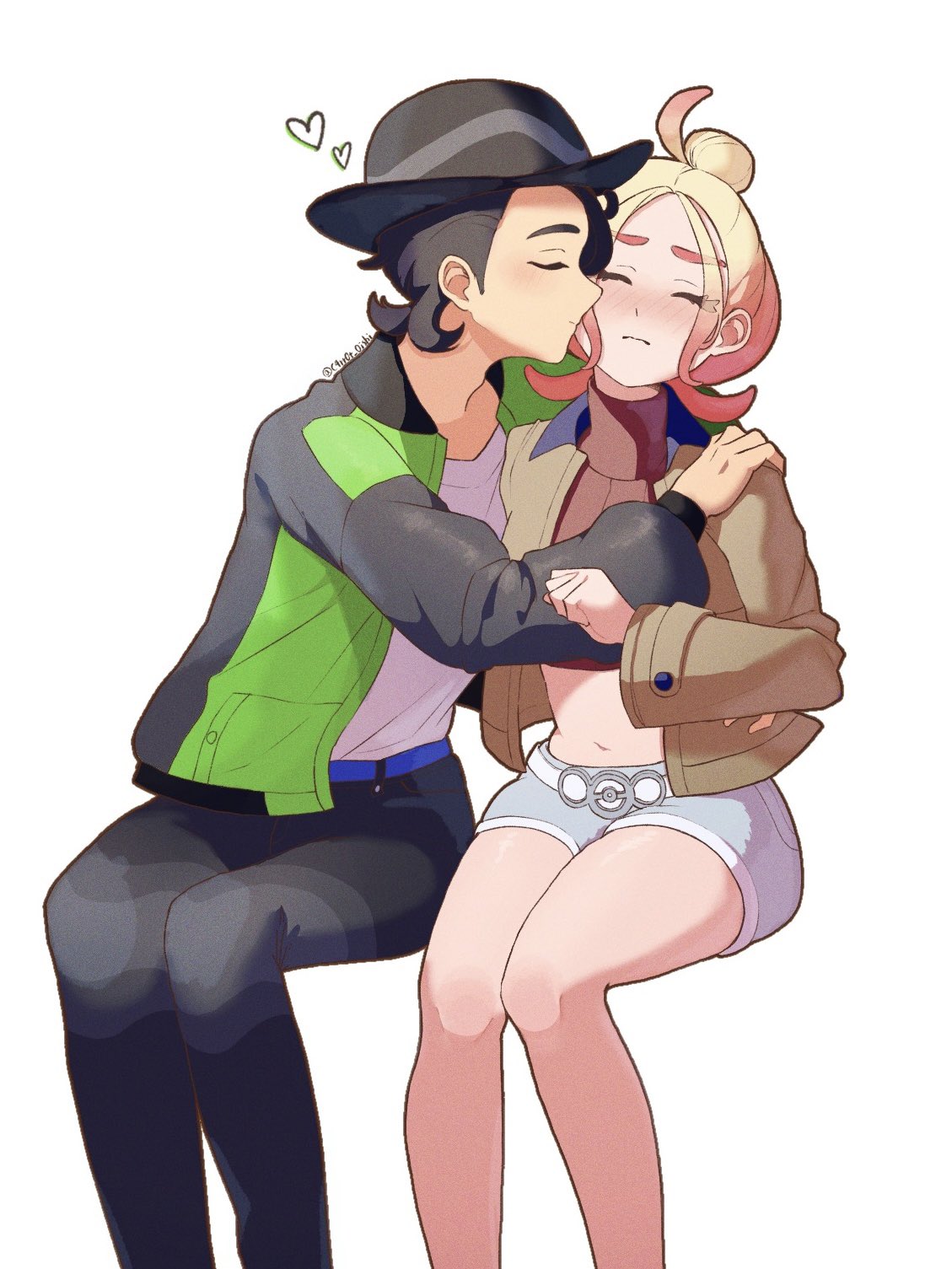 paxton (pokemon), taunie (pokemon), nintendo, pokemon, pokemon legends: z-a, commentary request, highres, 1boy, 1girl, black hair, black pants, blonde hair, blush, brown jacket, c4rr0t oishi, closed eyes, gradient hair, hat, heart, hetero, jacket, kiss, kissing cheek, midriff, multicolored hair, open clothes, open jacket, orange hair, pants, red shirt, shirt, shorts, sweater, twitter username, white shirt, white shorts