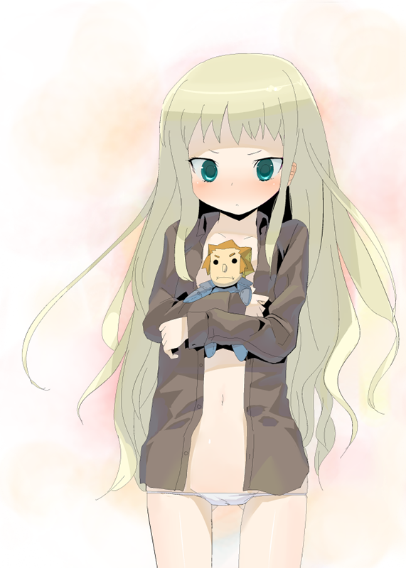 ume (datsuryokugen), original, 1girl, blonde hair, blush, doll, female focus, flat chest, green eyes, loli, long hair, lowleg, open clothes, open shirt, shirt, solo