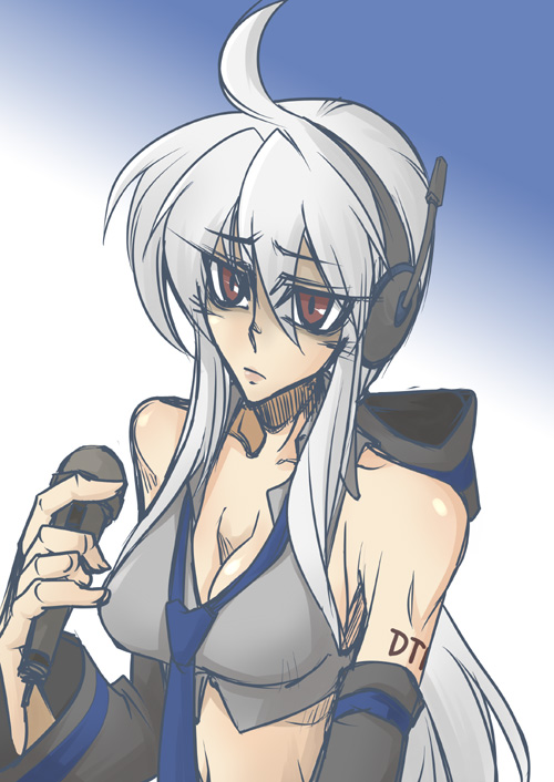 nagihito, yowane haku, vocaloid, silver hair, bad id, bad pixiv id, 1girl, ahoge, blouse, bow, breasts, cleavage, detached sleeves, female focus, gradient background, grey shirt, hair bow, headphones, headset, large breasts, long hair, midriff, necktie, red eyes, shirt, solo