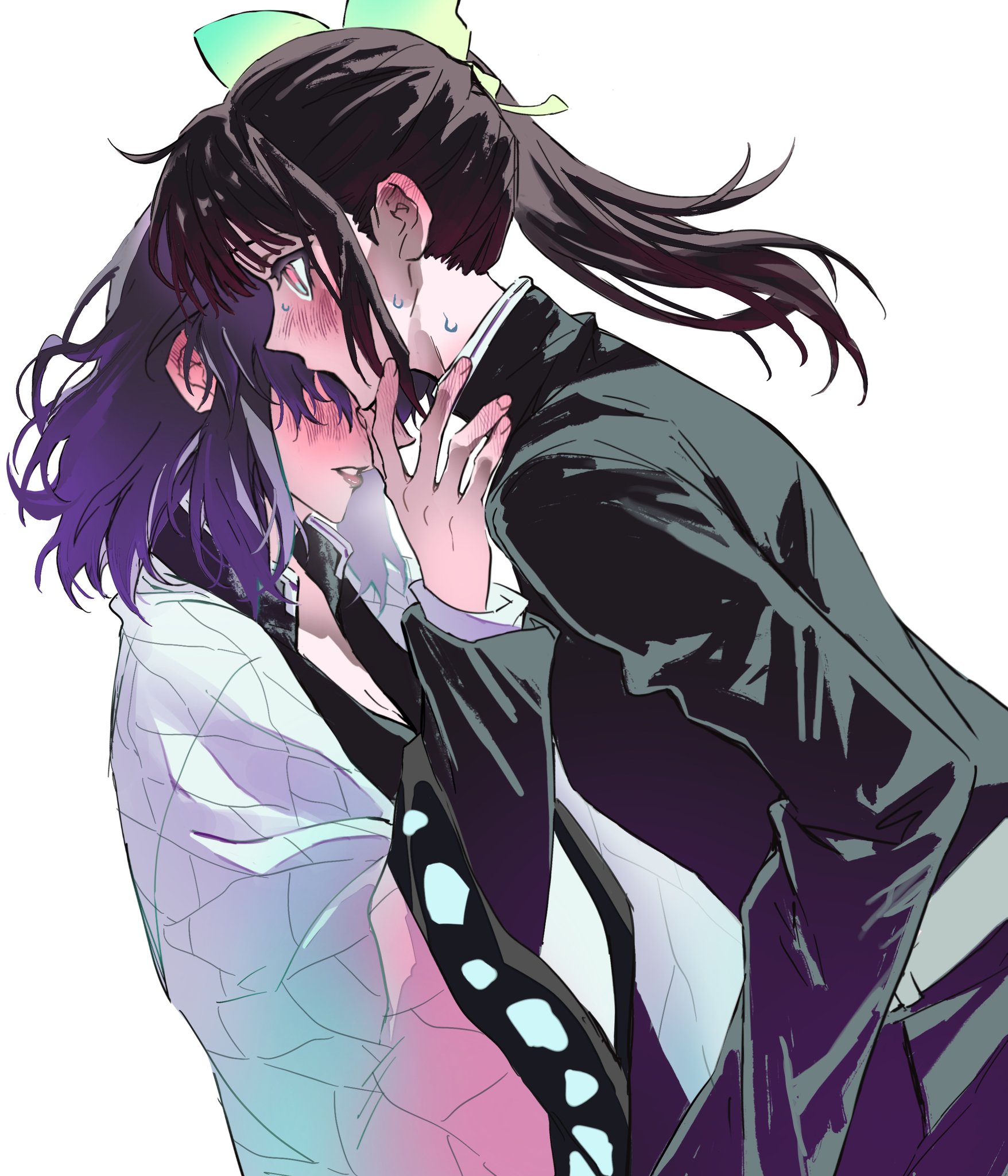 molen106, kochou shinobu, tsuyuri kanao, kimetsu no yaiba, commentary, highres, 2girls, black hair, black jacket, blush, demon slayer uniform, haori, jacket, japanese clothes, long hair, multiple girls, parted lips, pink eyes, ponytail, purple hair, simple background, sweat, white background, yuri