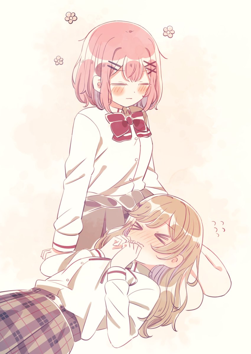yairon0315, amaori renako, sena ajisai, watashi ga koibito ni nareru wake naijan murimuri!, commentary, hashtag-only commentary, highres, > <, 2girls, blush, bow, bowtie, brown hair, closed eyes, closed mouth, collared shirt, flying sweatdrops, grey skirt, lap pillow, long hair, medium hair, multiple girls, pink hair, plaid clothes, plaid skirt, red bow, red bowtie, shirt, skirt, white shirt, yellow background, yuri
