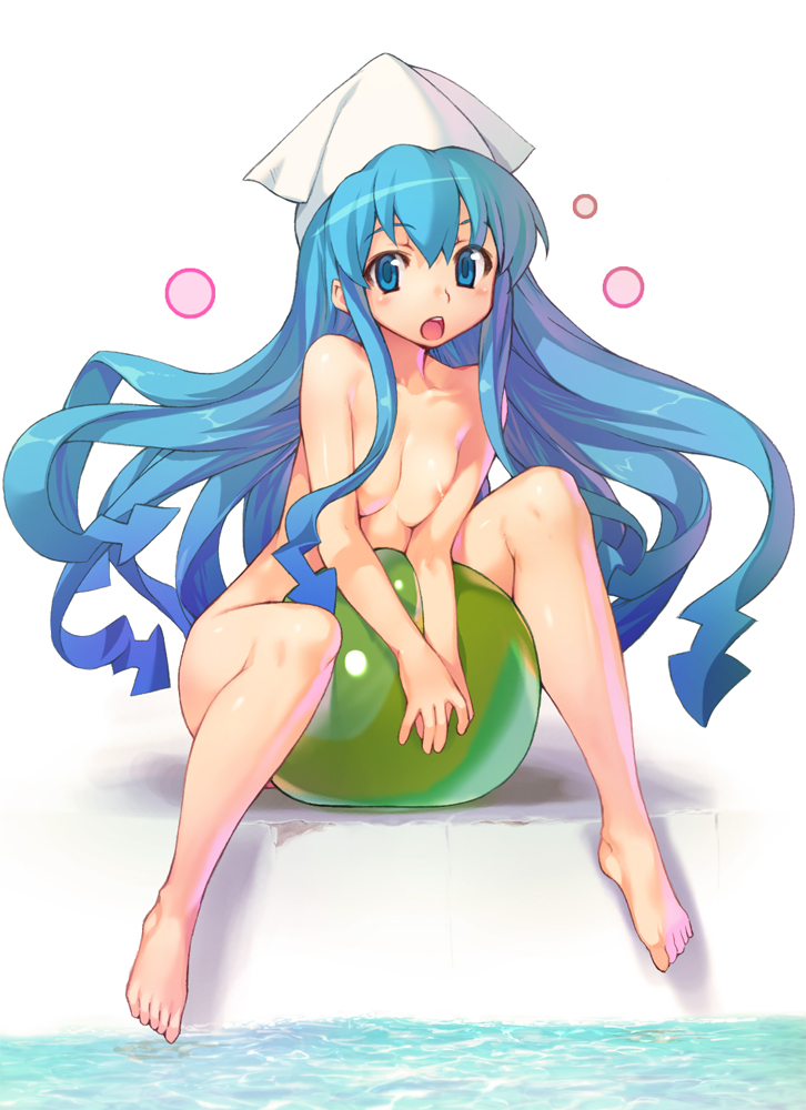 shunin, ikamusume, shinryaku! ikamusume, :o, ball, barefoot, beachball, between thighs, blue eyes, blue hair, breasts, breasts squeezed together, cleavage, feet, hat, long hair, nude, open mouth, pool, poolside, sitting, solo, transparent, v arms, water