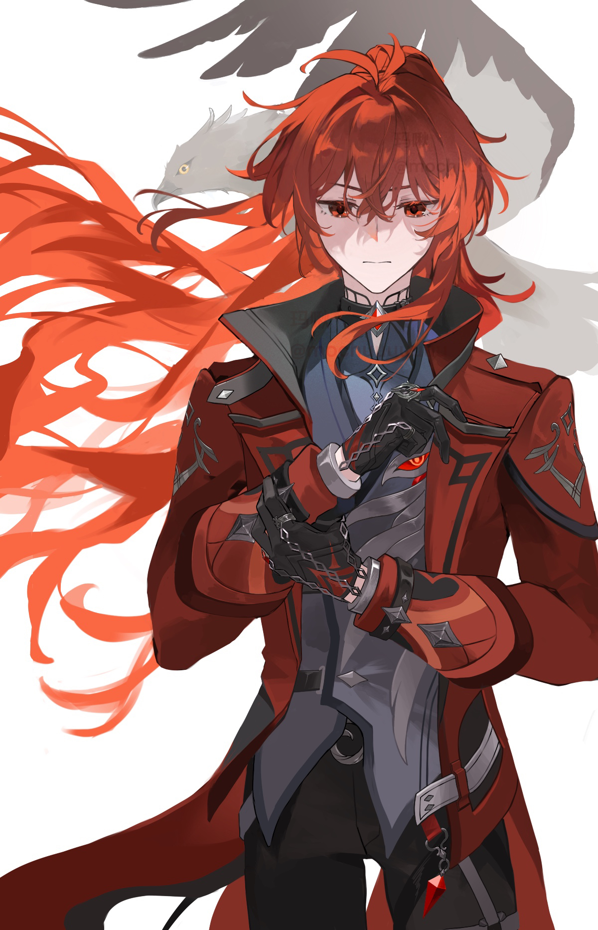 mochuuuuuuu, diluc (genshin impact), diluc (red dead of night) (genshin impact), genshin impact, commentary request, highres, 1boy, antenna hair, bird, black gloves, black pants, chain, closed mouth, coat, coattails, collared coat, collared jacket, gem, gloves, grey vest, hair between eyes, hawk, high ponytail, jacket, lapels, long hair, long sleeves, male focus, official alternate costume, pants, ponytail, red coat, red eyes, red gemstone, red hair, red jacket, shirt, solo, vest