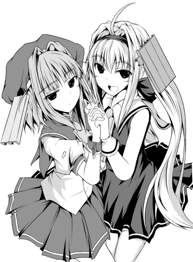tano, arumi-san, sunoko-tan, original, 2girls, greyscale, hair ornament, heat sink, holding hands, long hair, monochrome, multiple girls, personification, school uniform, serafuku, siblings, sisters, skirt