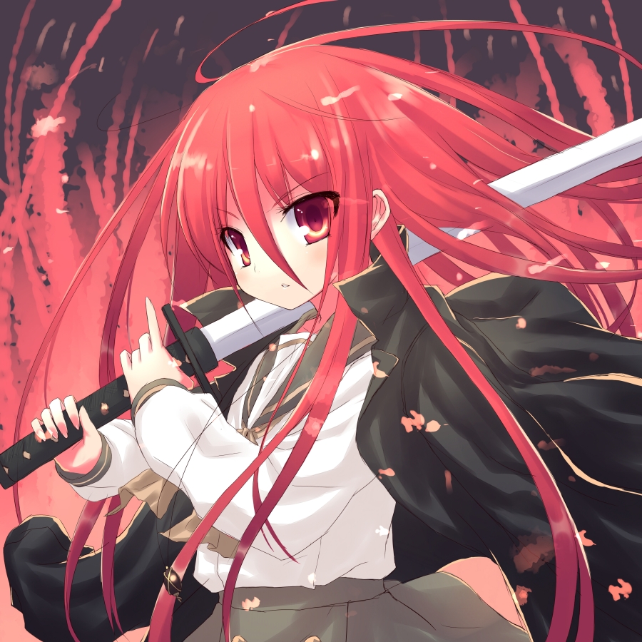 hiraga matsuri, hirasato, alastor (shakugan no shana), shana, shakugan no shana, 00s, 1girl, blouse, female focus, from side, hair between eyes, holding, holding sword, holding weapon, jewelry, long hair, necklace, pendant, red background, red hair, school uniform, serafuku, shirt, solo, sword, two-handed, very long hair, weapon, white shirt