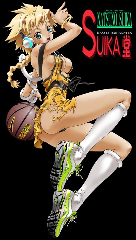 natsuno suika, crawley, sela d miranda, basquash!, nike (company), 00s, 1girl, ass, ball, basketball, basketball (object), blonde hair, blue eyes, bracelet, braid, breasts, cleavage, dark-skinned female, dark skin, female focus, headset, jewelry, kneehighs, legs, long hair, no bra, shoes, sneakers, socks, solo, torn clothes