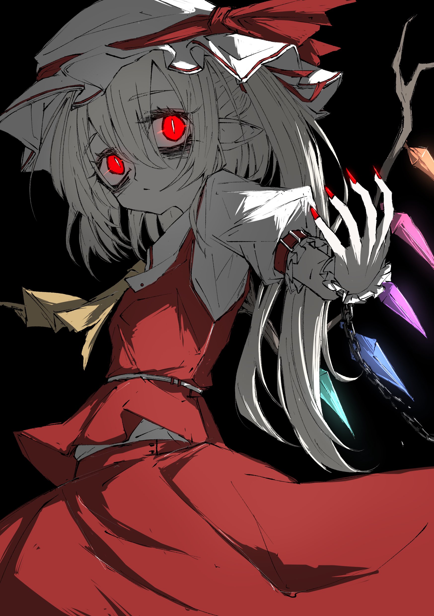 aizettonagi, flandre scarlet, touhou, absurdres, highres, 1girl, ascot, bags under eyes, black background, blonde hair, chain, crystal, crystal wings, glowing, glowing eyes, hat, hat ribbon, looking at viewer, mob cap, multicolored wings, one side up, red nails, red skirt, red vest, ribbon, scrunchie, side ponytail, simple background, skirt, skirt set, solo, vest, white hat, wings, wrist scrunchie, yellow ascot