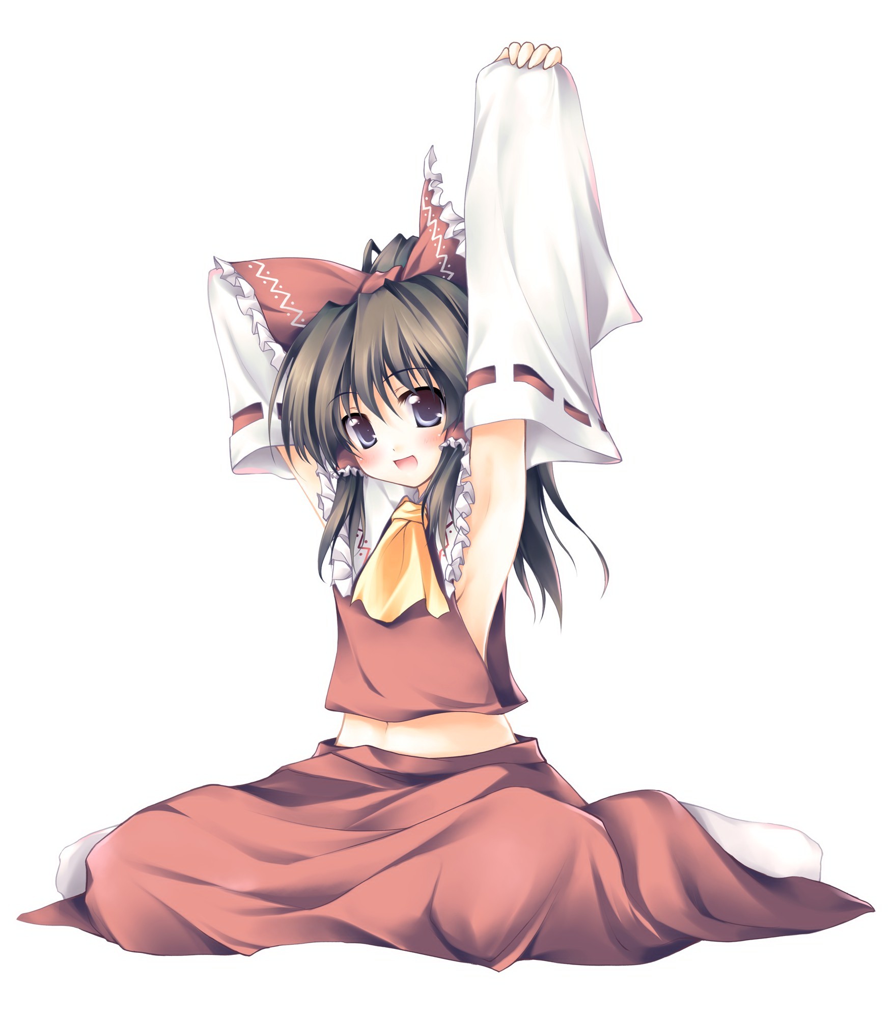 tateha (marvelous grace), hakurei reimu, touhou, highres, non-web source, 1girl, armpits, arms up, bow, breasts, brown hair, detached sleeves, female focus, hair bow, japanese clothes, meme, miko, short hair, sideboob, sitting, small breasts, solo