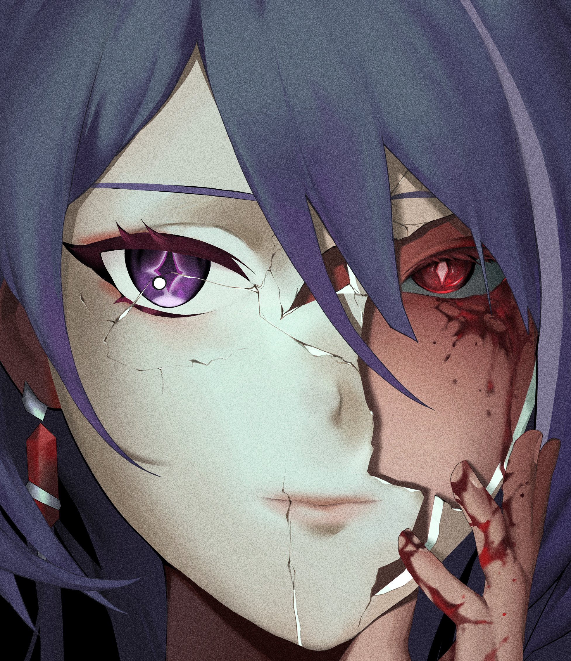 nery (nerypaint), acheron (honkai: star rail), honkai: star rail, honkai (series), hashtag-only commentary, highres, 1girl, blood, blood on face, blood on hands, cracked kawaii mask, diamond-shaped pupils, diamond (shape), earrings, hair between eyes, jewelry, looking at another, purple eyes, purple hair, red eyes, single earring, symbol-shaped pupils, white streaks