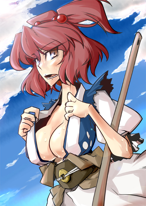 nagihito, onozuka komachi, touhou, artist request, bad id, bad pixiv id, 1girl, breasts, brown eyes, cleavage, female focus, large breasts, outdoors, red hair, short hair, sky, solo, sweat, twintails, two side up