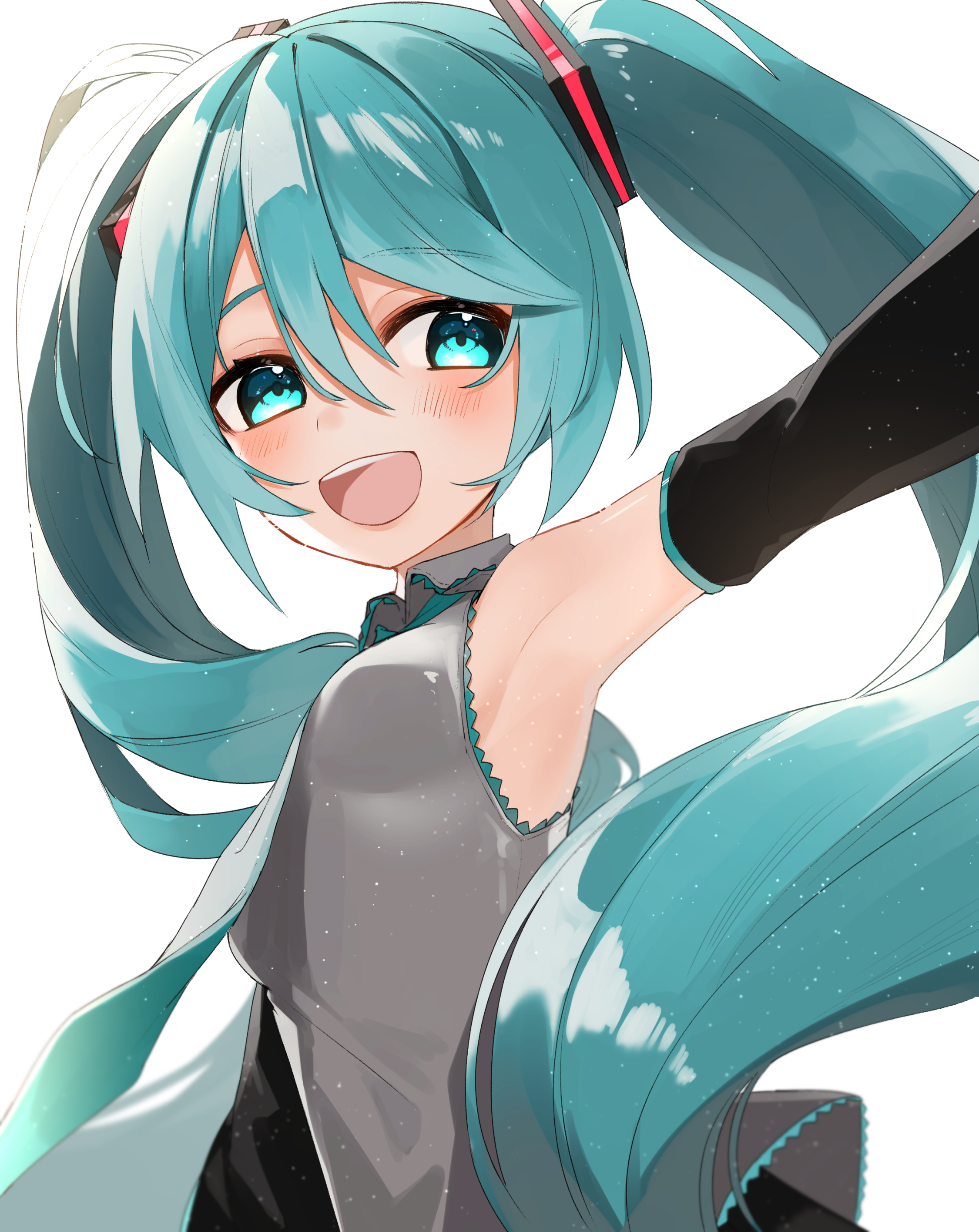 reirou (chokoonnpu), hatsune miku, vocaloid, absurdres, commentary, highres, symbol-only commentary, 1girl, armpits, blue eyes, blue hair, blush, collared shirt, detached sleeves, grey shirt, hair between eyes, light particles, long hair, looking at viewer, necktie, open mouth, outstretched arm, shirt, simple background, sleeveless, sleeveless shirt, solo, twintails, very long hair, white background