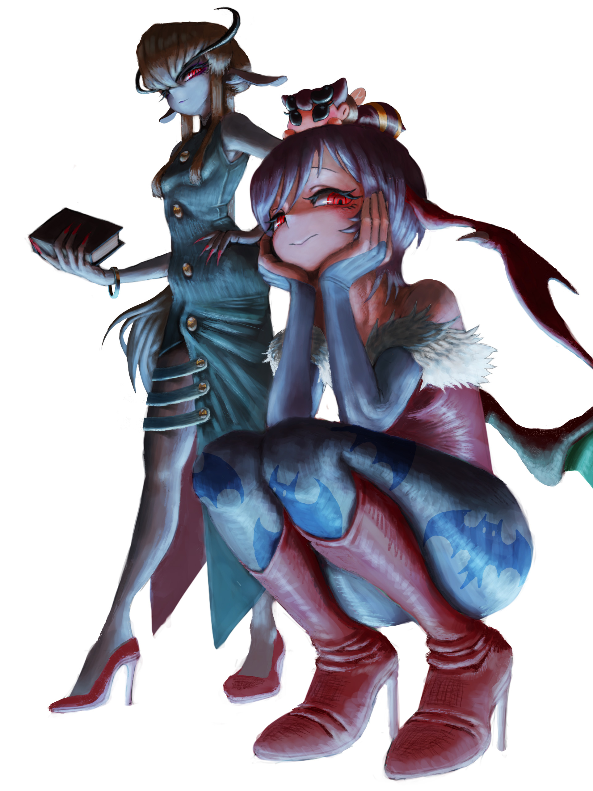 nojob hiro, jedah dohma, lilith (darkstalkers), q-bee, darkstalkers, absurdres, commentary request, highres, 3girls, :>, animal print, antennae, arthropod girl, bare shoulders, bat print, bat wings, bee girl, blonde hair, blue pantyhose, blue skin, book, bridal gauntlets, clothing cutout, colored skin, demon girl, diamond cutout, dress, genderswap, genderswap (mtf), head wings, high heels, highleg, highleg leotard, insect girl, leotard, looking at viewer, midnight bliss, monster girl, multiple girls, on head, pantyhose, purple hair, red eyes, red leotard, short hair, smile, squatting, wings