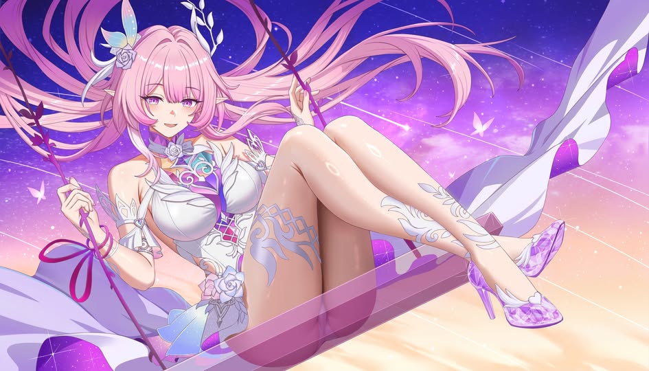 dawn02, cyrene (honkai: star rail), cyrene (ripples of past reverie) (honkai: star rail), honkai: star rail, honkai (series), commentary request, second-party source, 1girl, armlet, bare shoulders, blush, breasts, crossed ankles, dress, flower, hair flower, hair ornament, high heels, jewelry, large breasts, long hair, looking at viewer, on swing, pink eyes, pink hair, pointy ears, purple flower, purple rose, purple shoes, rose, shoes, sidelocks, smile, solo, swing, swing set, thighs, white dress