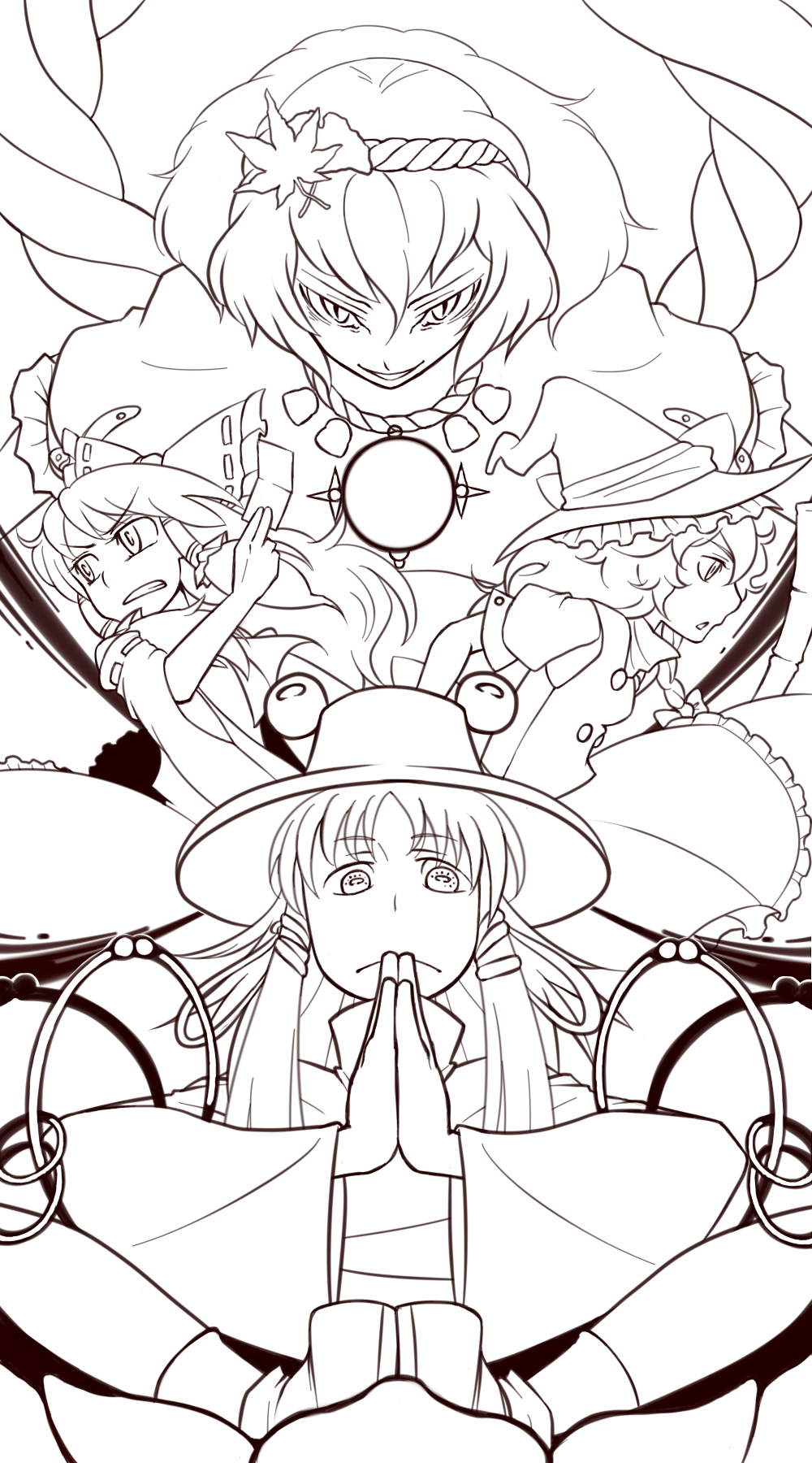 daitai konna kanji, hakurei reimu, kirisame marisa, moriya suwako, yasaka kanako, touhou, highres, 4girls, female focus, hat, lineart, monochrome, multiple girls, skirt, transparent background
