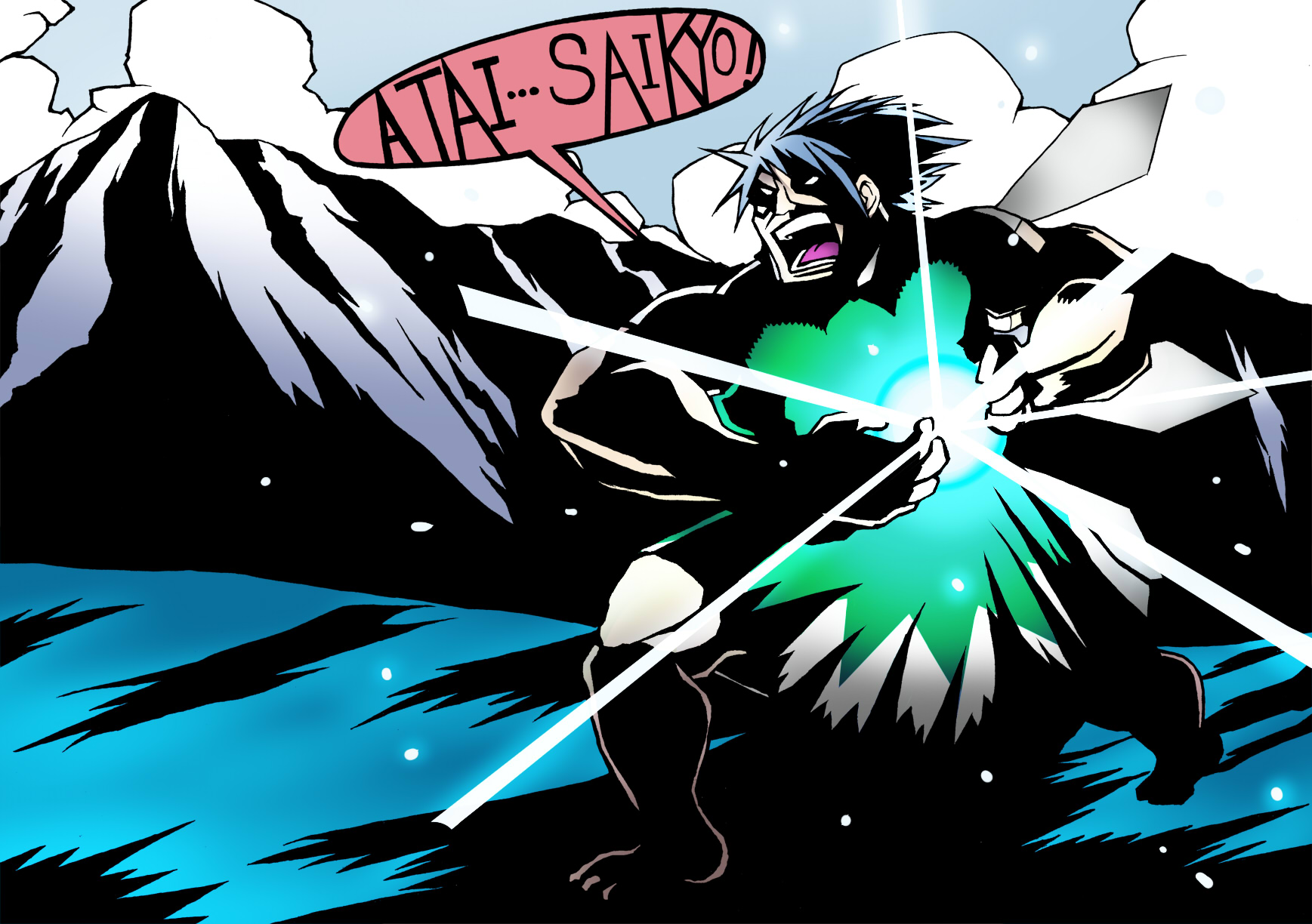 hebereke black, cirno, sanger zonvolt, touhou, highres, translated, 1boy, genderswap, genderswap (ftm), male focus, manly, mountain, romaji text, solo, wings