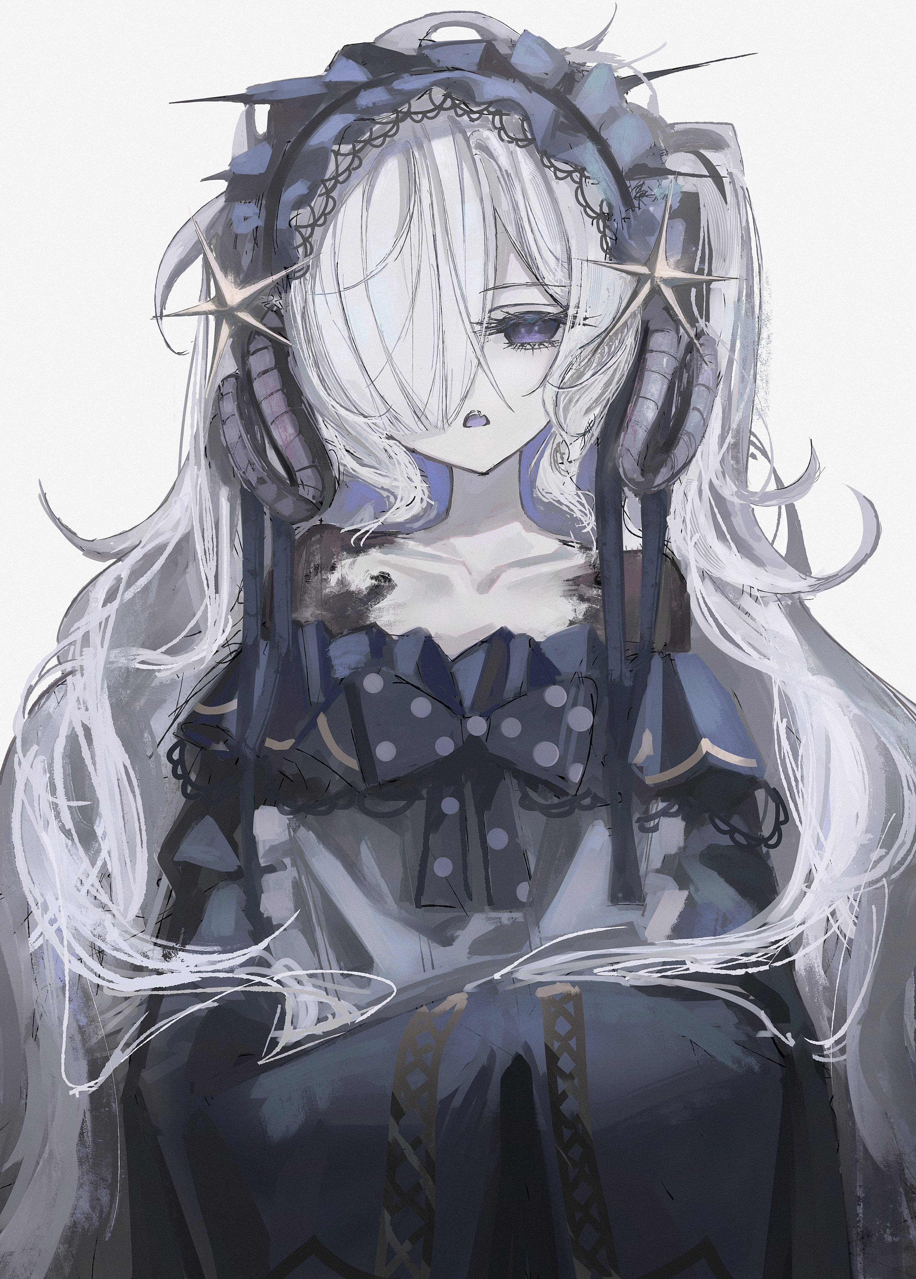 kenran 000, natsume an-an, mahou shoujo no majo saiban, absurdres, commentary request, highres, spoilers, 1girl, blue hairband, bow, dress, frilled dress, frills, gothic lolita, grey background, hair over one eye, hairband, horns, lolita fashion, lolita hairband, long hair, long sleeves, looking at viewer, polka dot, polka dot bow, purple eyes, sheep horns, sleeves past fingers, sleeves past wrists, solo, white hair, witch (manosaba)