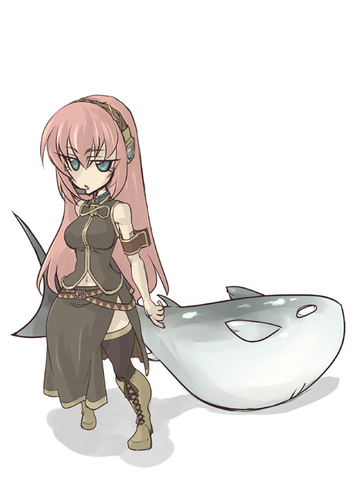 nagihito, megurine luka, vocaloid, bad id, bad pixiv id, 1girl, belt, black thighhighs, blue eyes, boots, breasts, female focus, fish, headphones, headset, long hair, pink hair, side slit, simple background, skirt, solo, thighhighs, tuna