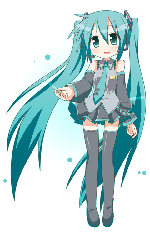 minami (colorful palette), hatsune miku, vocaloid, aqua eyes, aqua hair, long hair, necktie, skirt, solo, thighhighs, twintails, very long hair, zettai ryouiki