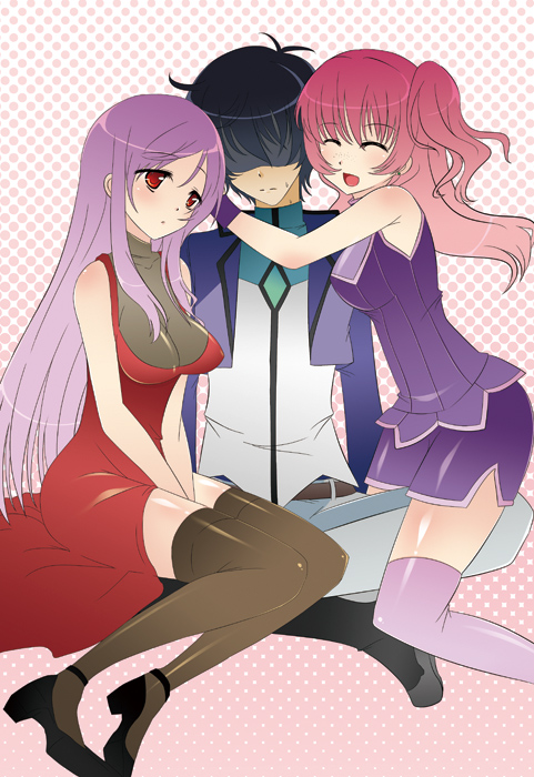 itou chiriko, nena trinity, setsuna f. seiei, tieria erde, gundam, gundam 00, bad id, bad pixiv id, 00s, 1boy, 2girls, blush, breasts, cleavage, dress, female pervert, freckles, genderswap, genderswap (mtf), hug, long hair, medium breasts, multiple girls, open mouth, pervert, purple hair, red eyes, red hair, shorts, side ponytail, smile, thighhighs, zettai ryouiki