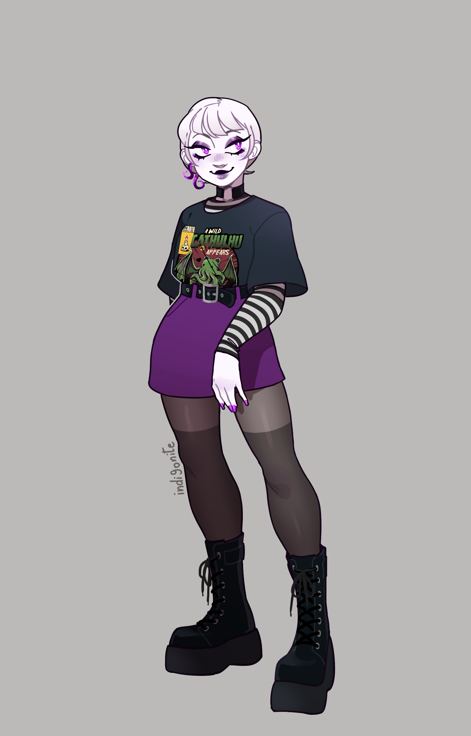 indigonite, cthulhu, rose lalonde, call of cthulhu, cthulhu mythos, homestuck, absurdres, commentary, english commentary, highres, 1girl, belt, black belt, black boots, black choker, black pantyhose, black shirt, boots, choker, closed mouth, colored skin, earrings, emo fashion, eyeshadow, full body, grey background, jewelry, layered sleeves, long sleeves, makeup, necklace, pantyhose, purple eyes, purple eyeshadow, purple lips, purple nails, purple skirt, shirt, short over long sleeves, short sleeves, simple background, skirt, smile, solo, standing, striped clothes, striped shirt, t-shirt, tentacle clothes, white hair, white shirt, white skin