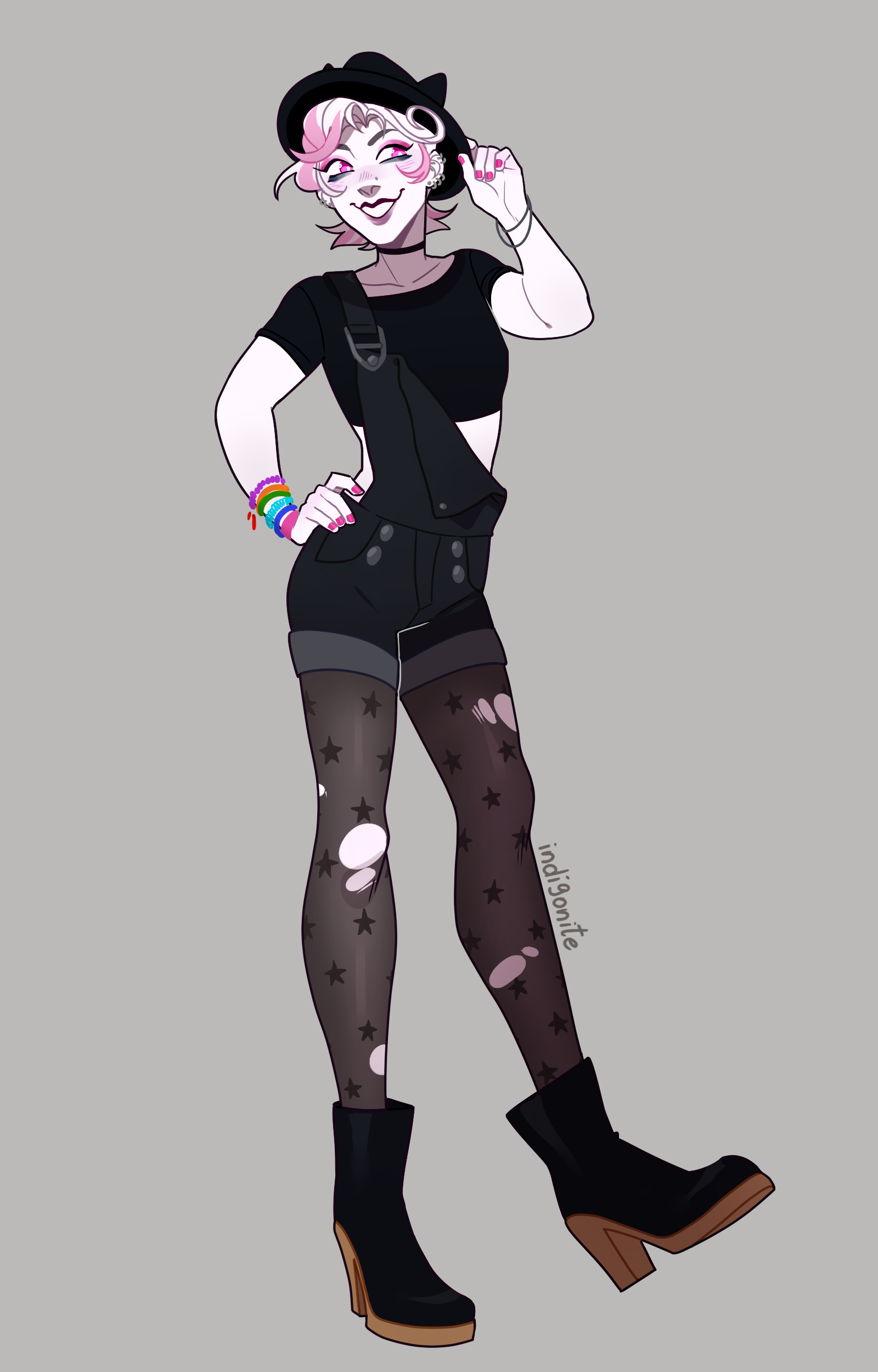 indigonite, roxy lalonde, homestuck, absurdres, commentary, english commentary, highres, 1girl, black boots, black choker, black hat, black overalls, black shirt, blush, boots, bracelet, breasts, choker, colored skin, colored tips, crop top, curly hair, emo fashion, eyeshadow, full body, grey background, hand on own hip, hand up, hat, high heel boots, high heels, jewelry, makeup, mole, mole on nose, multicolored hair, multiple bracelets, necklace, open mouth, overalls, pink eyeshadow, pink hair, pink nails, purple eyes, rainbow, shirt, simple background, single off shoulder, small breasts, smile, solo, standing, standing on one leg, star (symbol), star print, white hair, white skin