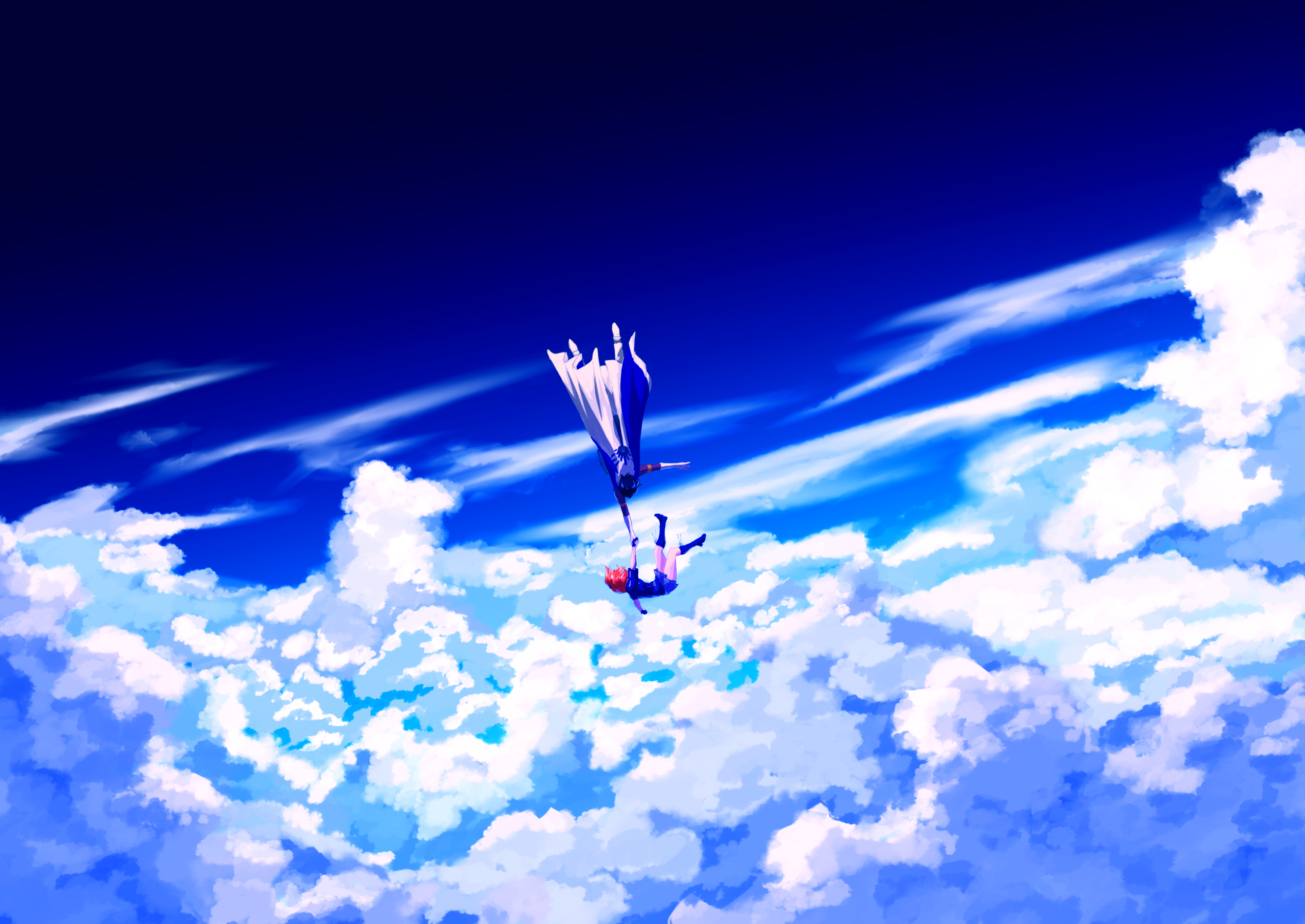 fuka (hk nemo), arjuna (fate), arjuna alter (fate), fujimaru ritsuka (female), fate/grand order, fate (series), commentary request, highres, 1boy, 1girl, blue shirt, blue skirt, blue sky, boots, cape, cloud, falling, full body, holding hands, reaching, reaching towards another, shirt, short hair, short sleeves, skirt, sky, solo, white cape, wide shot