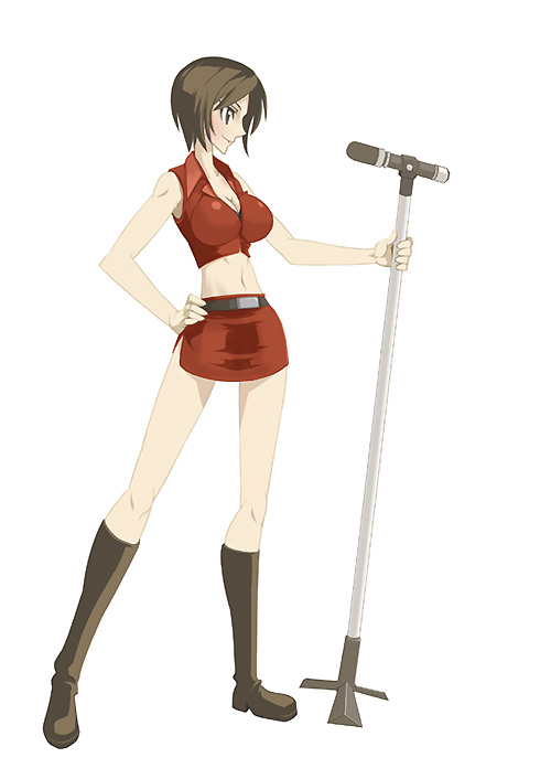 nagihito, meiko (vocaloid), vocaloid, bad id, bad pixiv id, 1girl, belt, boots, breasts, brown eyes, brown hair, cleavage, female focus, hand on own hip, hip focus, large breasts, midriff, miniskirt, navel, short hair, simple background, skirt, solo