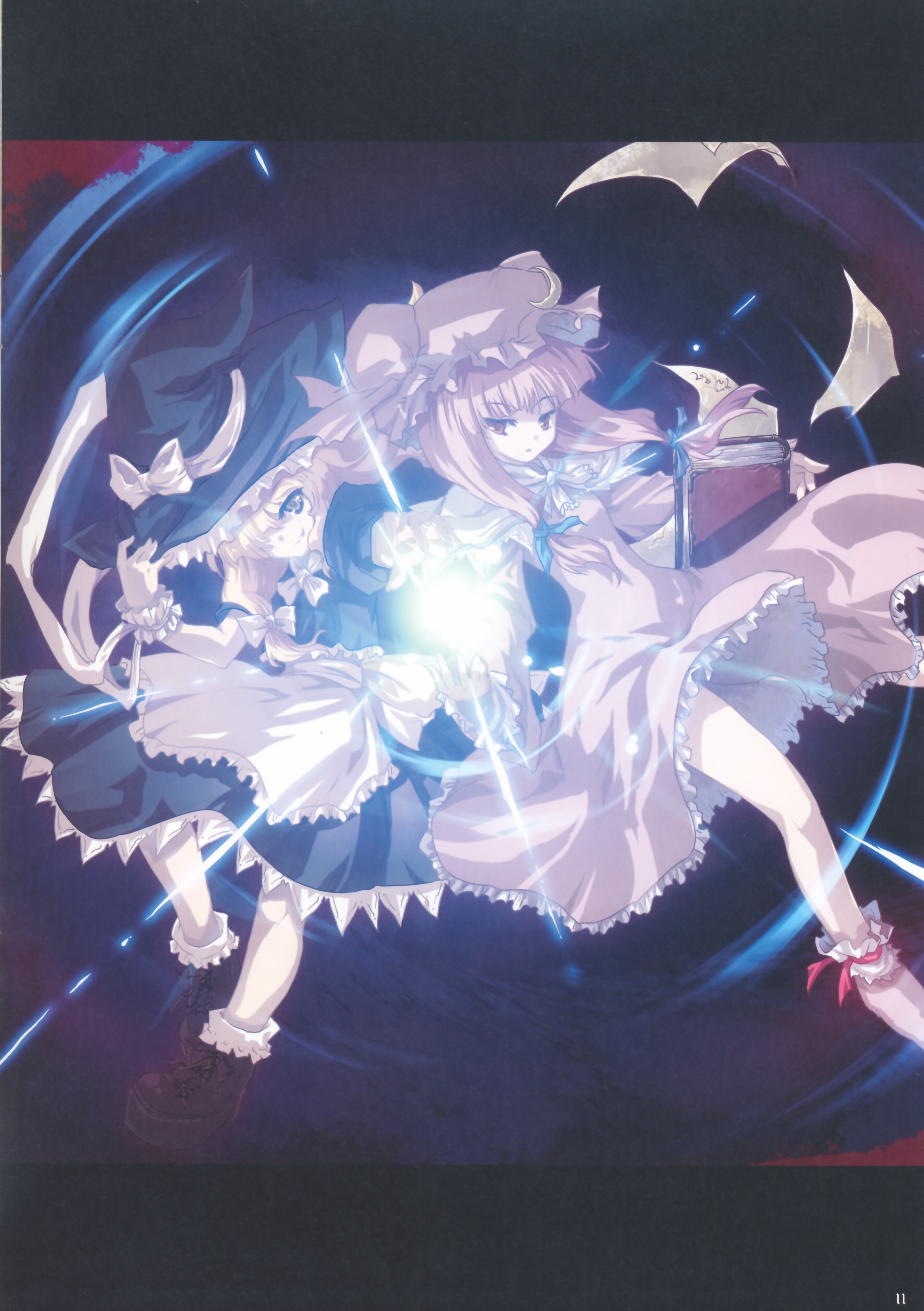 tokiame, kirisame marisa, patchouli knowledge, touhou, absurdres, highres, huge filesize, 2girls, blonde hair, book, boots, female focus, flying paper, hat, multiple girls, paper, purple eyes, purple hair, short hair, witch, witch hat, yellow eyes