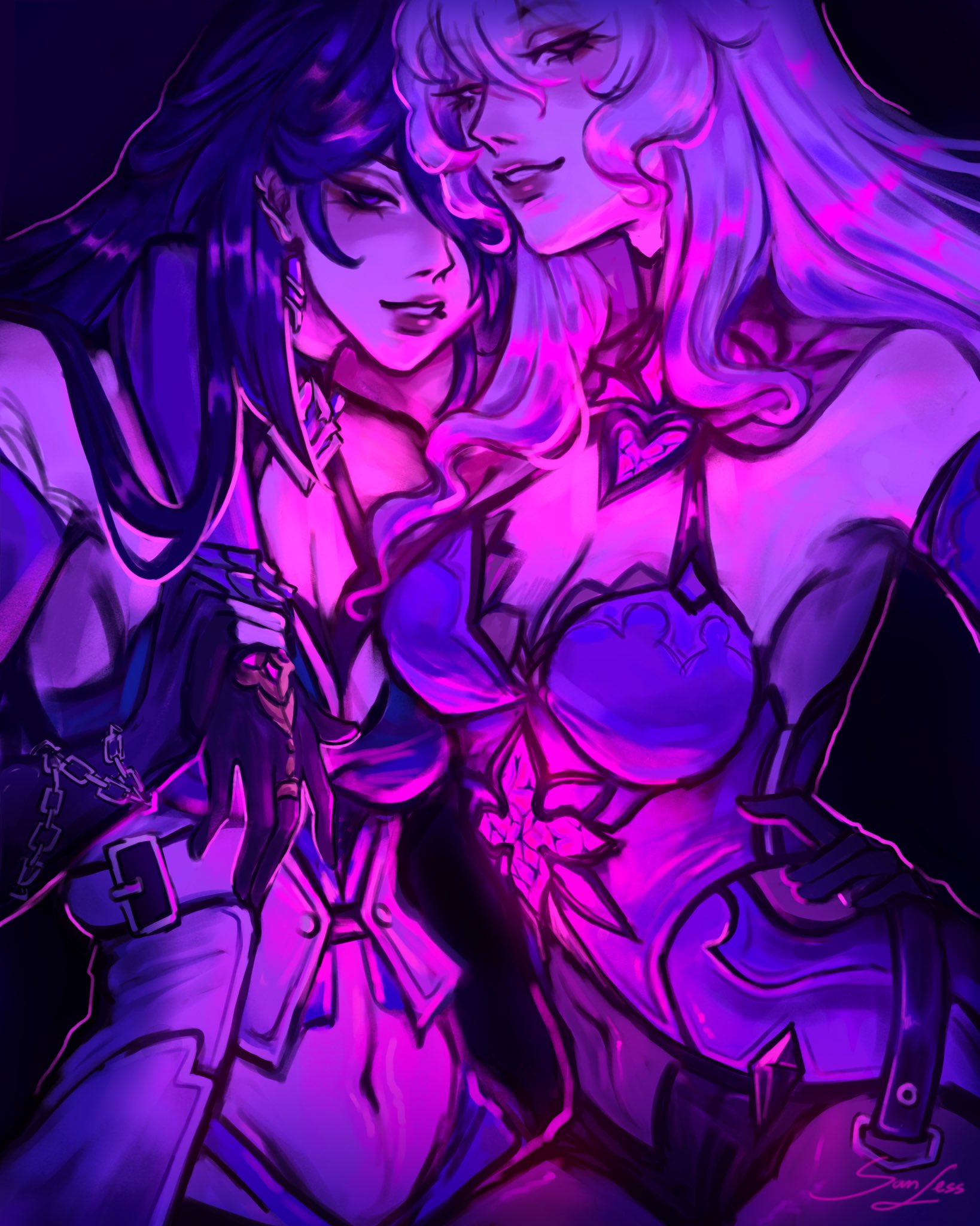 acheron (honkai: star rail), black swan (honkai: star rail), honkai: star rail, honkai (series), commentary, commission, english commentary, highres, 2girls, arm around shoulder, bare shoulders, breasts, chain, chain around arm, cleavage, dress, earrings, gloves, hair between eyes, jewelry, large breasts, long hair, monochrome, multiple girls, navel, open clothes, purple lightning, san less, single earring, very long hair, yuri