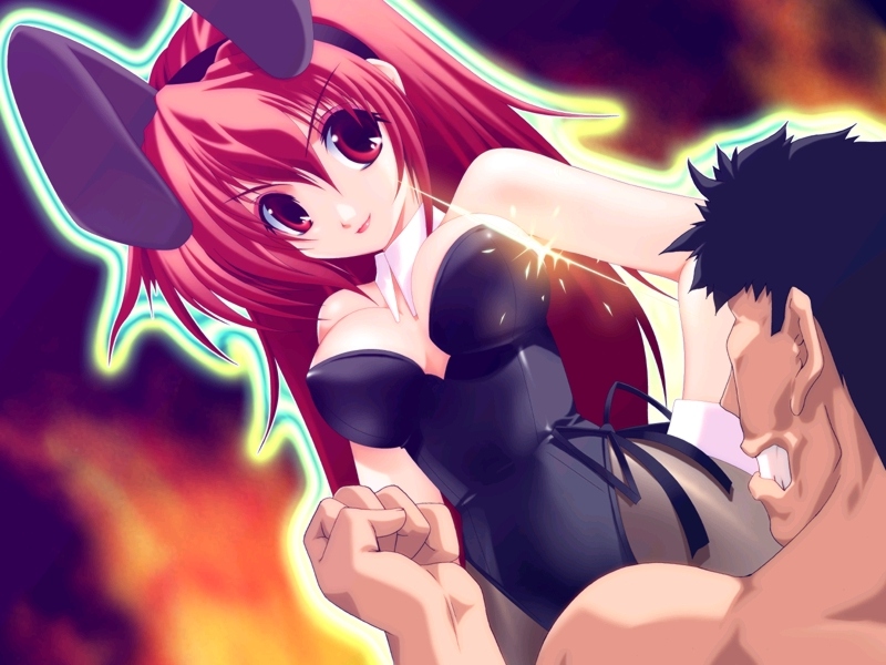 non-web source, animal ears, aura (glow), dutch angle, fake animal ears, hand on own hip, hip focus, long hair, pantyhose, playboy bunny, rabbit ears, red eyes, red hair, sparkle