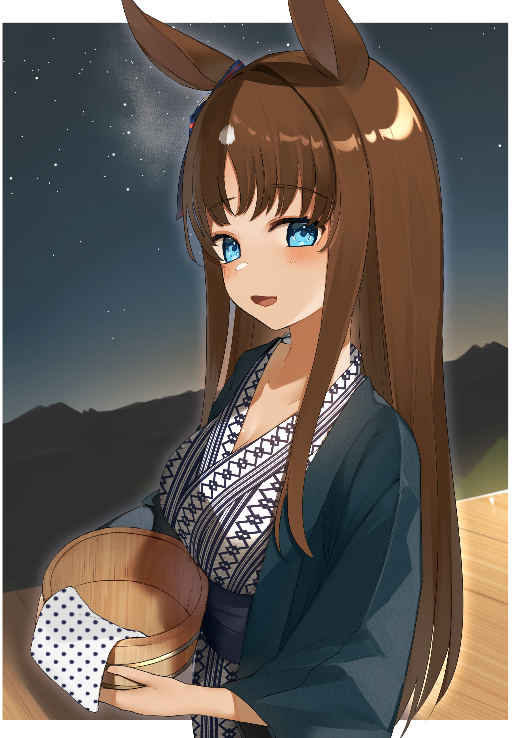 reirou (chokoonnpu), grass wonder (umamusume), umamusume, absurdres, commentary request, highres, 1girl, animal ears, blue eyes, blush, breasts, brown hair, bucket, cleavage, holding, holding bucket, horse ears, horse girl, japanese clothes, kimono, long hair, looking at viewer, open mouth, outdoors, solo, star (sky), upper body, wide sleeves, yukata