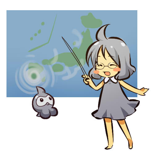 hitec, castform, castform (normal), moemon, nintendo, pokemon, pokemon rse, 00s, 1girl, ahoge, barefoot, blush stickers, closed eyes, creature and personification, dress, gen 3 pokemon, glasses, grey hair, japan, map, open mouth, personification, pointer, pokemon (creature), smile