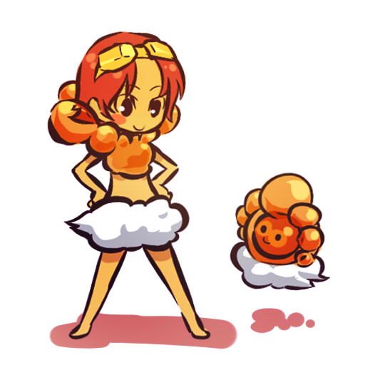 hitec, castform, castform (sunny), moemon, nintendo, pokemon, pokemon rse, 00s, 1girl, alternate color, alternate costume, barefoot, blush stickers, cloud, costume, creature and personification, gen 3 pokemon, goggles, hands on own hips, personification, pokemon (creature), red hair, short hair, smile