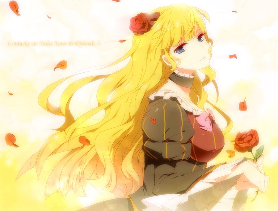 kl (dgzonbi), beatrice (umineko), umineko no naku koro ni, 00s, 1girl, blonde hair, breasts, female focus, flower, gradient background, hair ornament, long hair, rose, solo